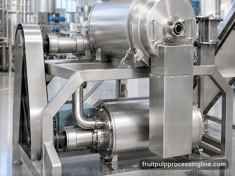 industrial fruit pulp processing line, hygienic design: pulping with interchangeable screens section connection view