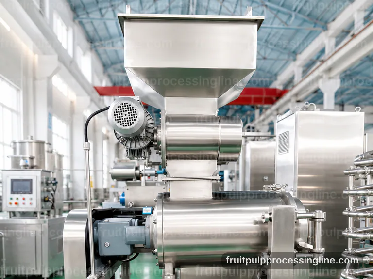 industrial fruit pulp processing line, installation and maintenance: pulping with interchangeable screens section connection view