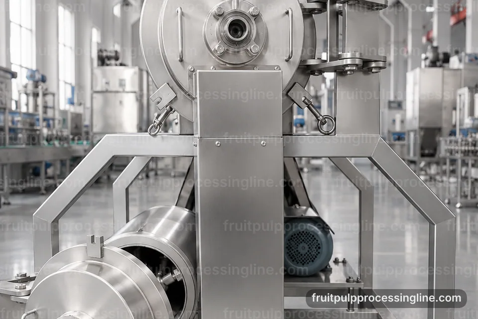 industrial fruit pulp processing line, plant integration: pulping with interchangeable screens section operating stage