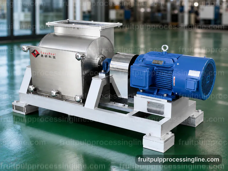 industrial fruit pulp processing line, feed and output handling: pulping with interchangeable screens section connection view