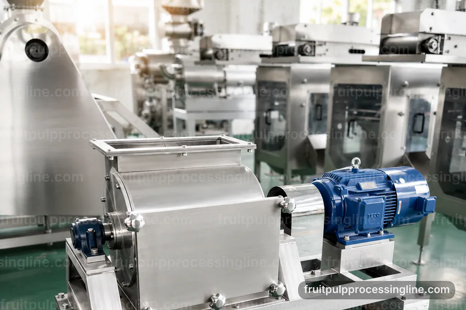 industrial fruit pulp processing line, feed and output handling: screen change pulper operating stage