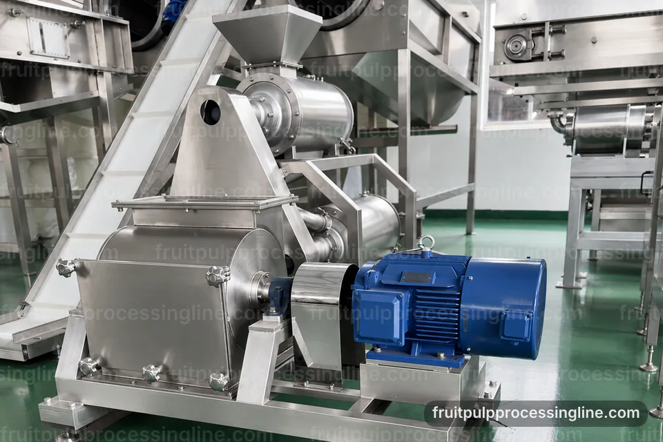 Industrial Fruit Pulp Processing Line: Configuration Options Operating Stage industrial fruit pulp processing line, configuration options: pulping with interchangeable screens section operating stage