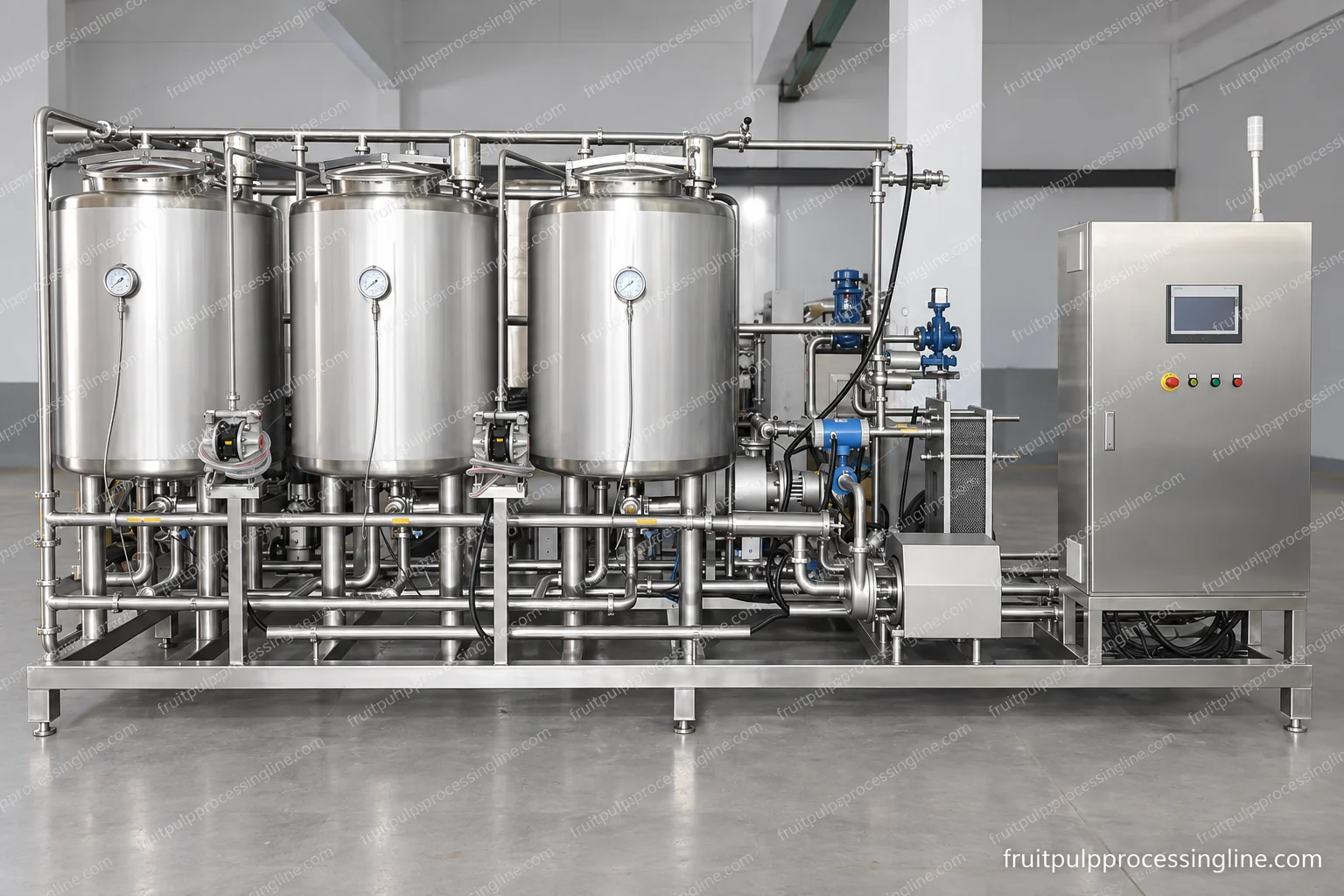 Three-tank CIP assembly with circulation pumps, pipe and valve manifold, and touchscreen controls.