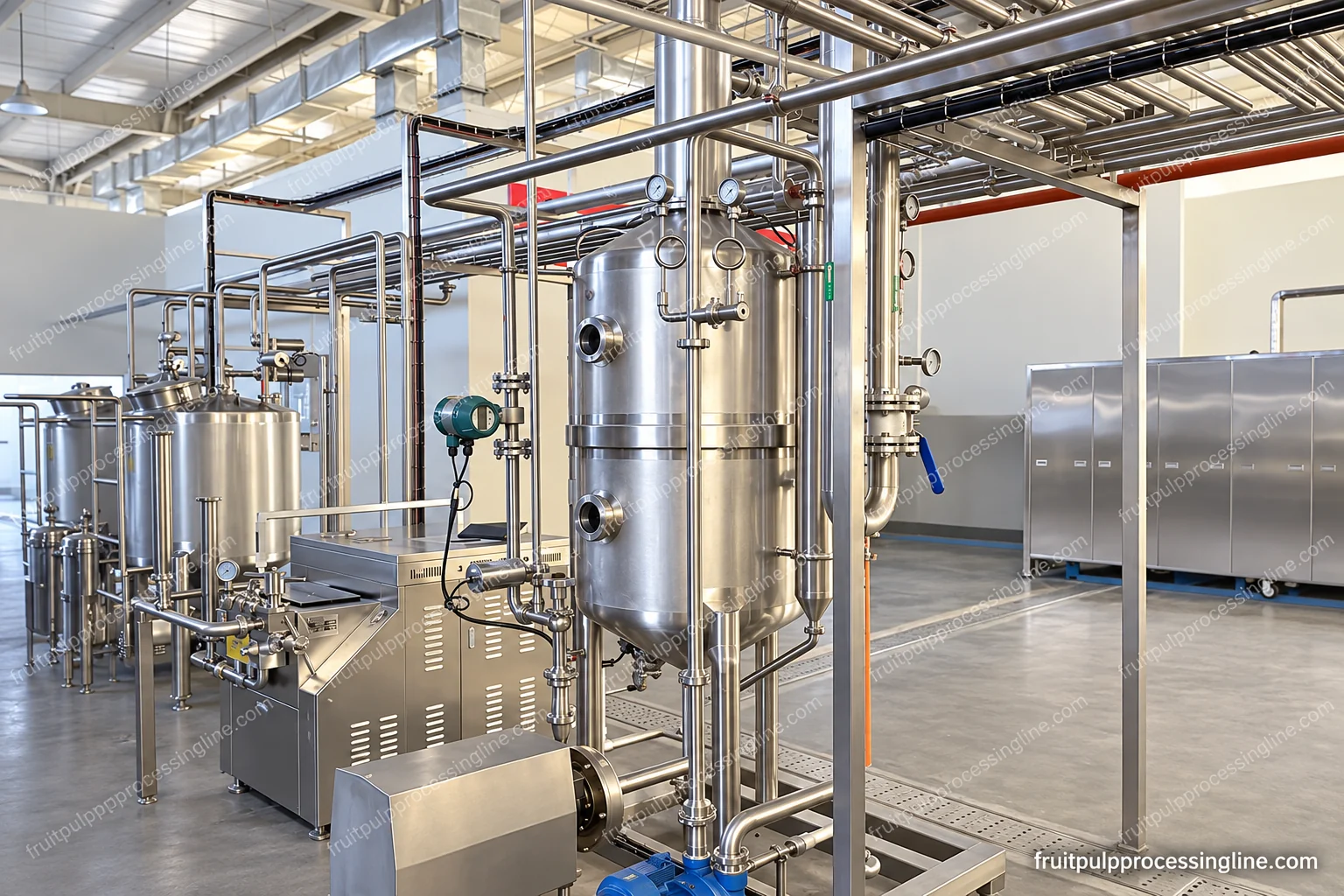 Vertical deaerator with viewing points, connected pipework and lower product-transfer assembly.