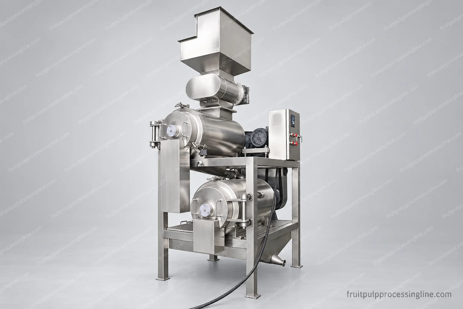 Compact hopper-and-chamber preparation assembly; the second view shows its side drive and processing arrangement.