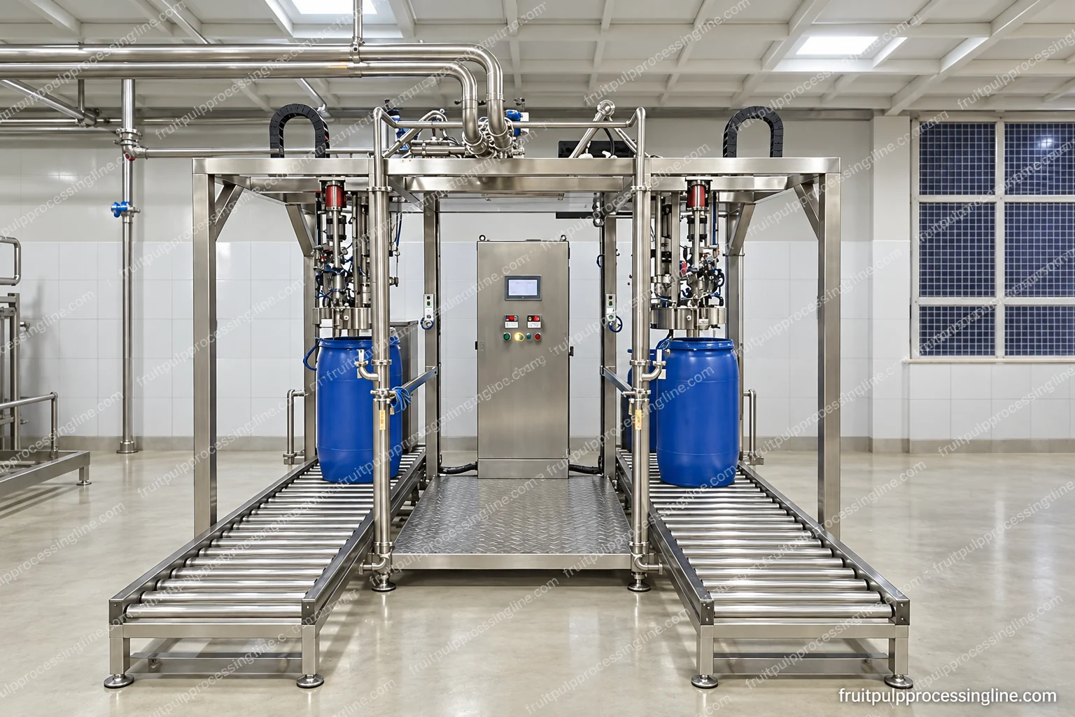 Aseptic bag-filling assembly showing two filling positions and drum-handling lanes.