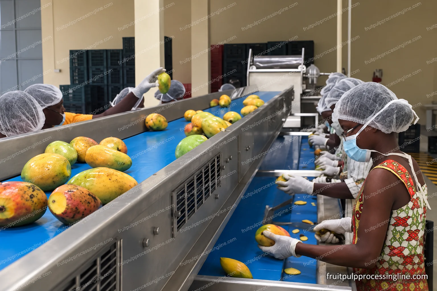 Manual mango inspection and preparation at an accessible conveyor work area.