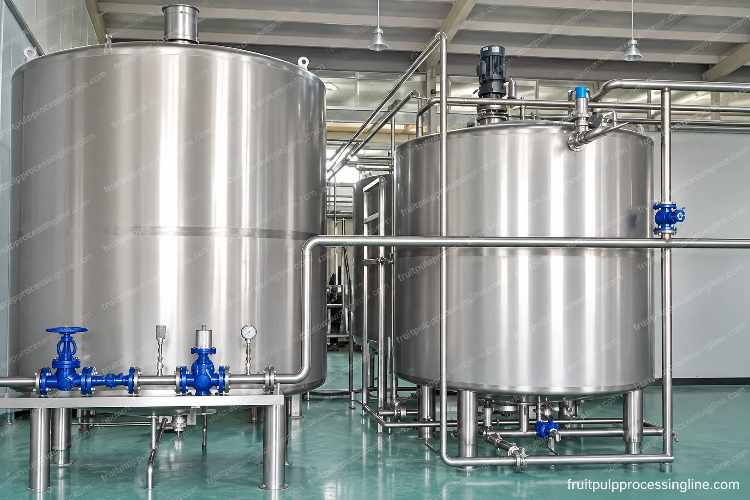 Connected process-tank assembly with accessible vessels and product pipework.