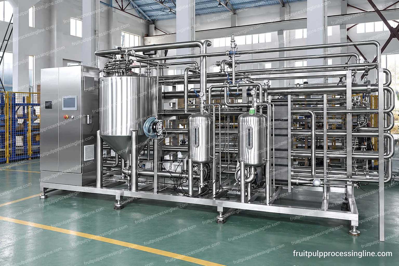 Straight-tube thermal assembly in a workshop, with vessels, valves and operating cabinet visible.